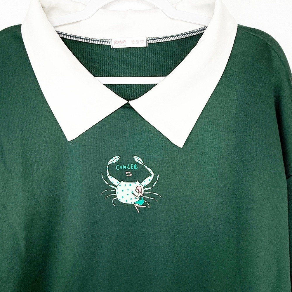 Romwe Green Cancer Zodiac Cropped Collared Sweatshirt XL Dark Academia Astrology